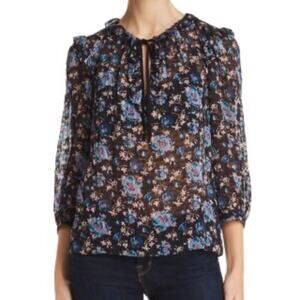 Rebecca Taylor Solstice Black Puff Sleeve Blouse Blue Floral Silk Cotton Blend